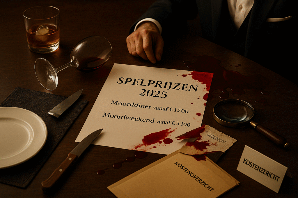 Spannende tafelscène met spelprijzen voor 2025, inclusief moorddiner en moordweekend, weergegeven tussen dossiermappen, vergrootglas, mes en omgevallen wijnglas – mysterieuze sfeer passend bij een moordspel.