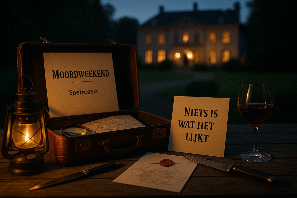 Avondscène bij een verlicht landhuis met open koffer vol spelregels, vergrootglas en wijnglas – spannende sfeerimpressie van een moordweekend en moorddiner spelbeleving.