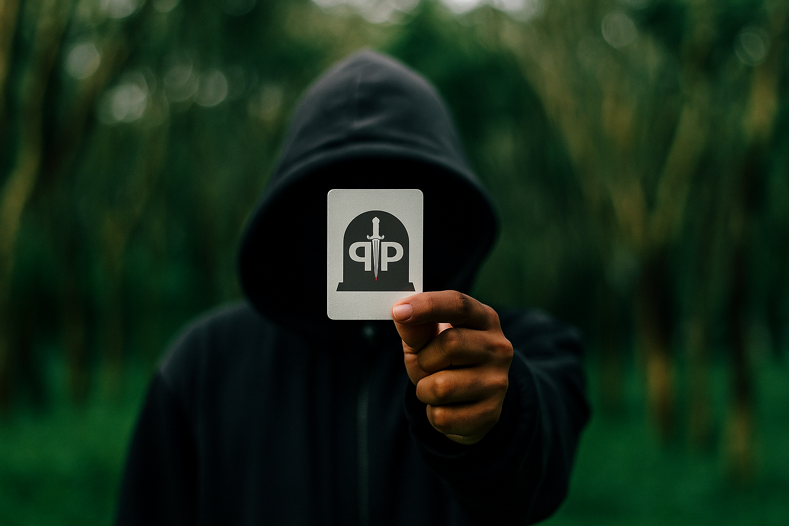 Een gehuld figuur in donkere hoodie houdt een speelkaart vast met het Plot Twist Producties logo &ndash; symbolisch beeld voor een spannend Moordspel vol intrige en mysterie.