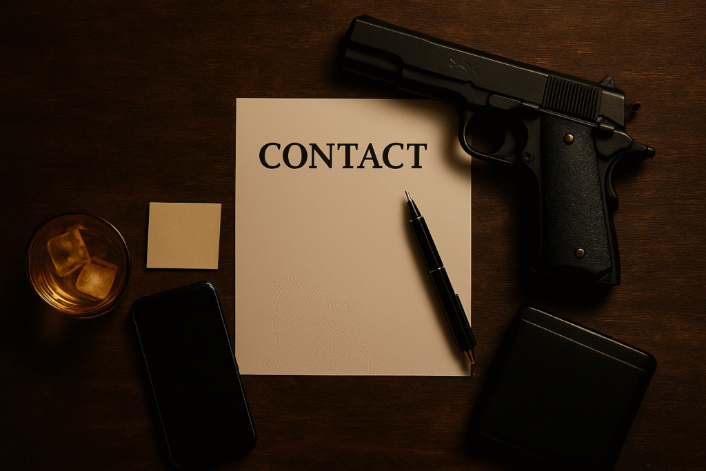 Bureau met whiskyglas, pistool en notitie ‘Contact’ – mysterieuze sfeer voor moordweekend of moorddiner