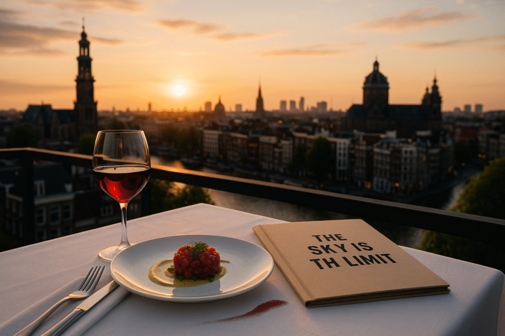Chic rooftop diner bij zonsondergang met uitzicht over de skyline van Amsterdam. Op tafel staan een glas rode wijn, een haute cuisine gerecht en een map met de tekst ‘The Sky is the Limit’, symbolisch voor de luxe moorddiner en moordweekend beleving op locatie.