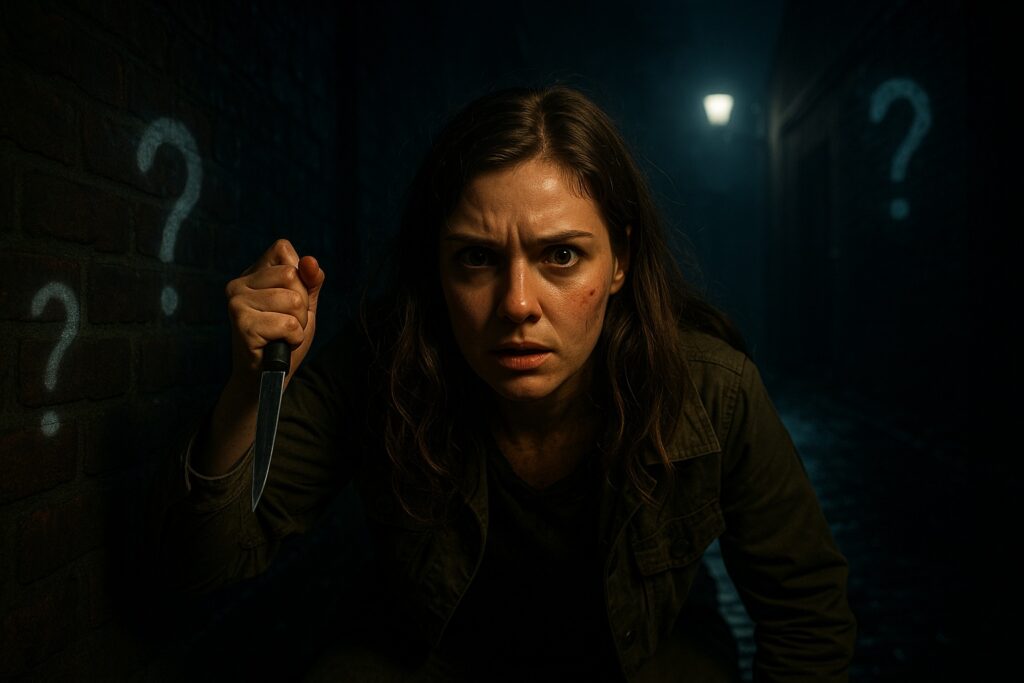 Vrouw in spannende steeg met mes en verborgen vraagtekens – FAQ moorddiner en moordweekend met acteurs bij Plot Twist Producties