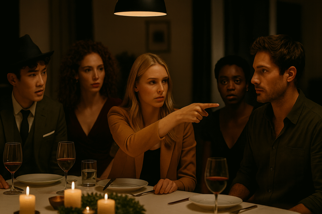 Vijf jonge mensen zitten aan een tafel met kaarslicht tijdens een Moorddiner. De vrouw in het midden wijst beschuldigend naar de man tegenover haar, terwijl de anderen gespannen toekijken. Op tafel staan glazen rode wijn en borden. De belichting is warm en dramatisch, wat een gevoel van spanning en confrontatie oproept