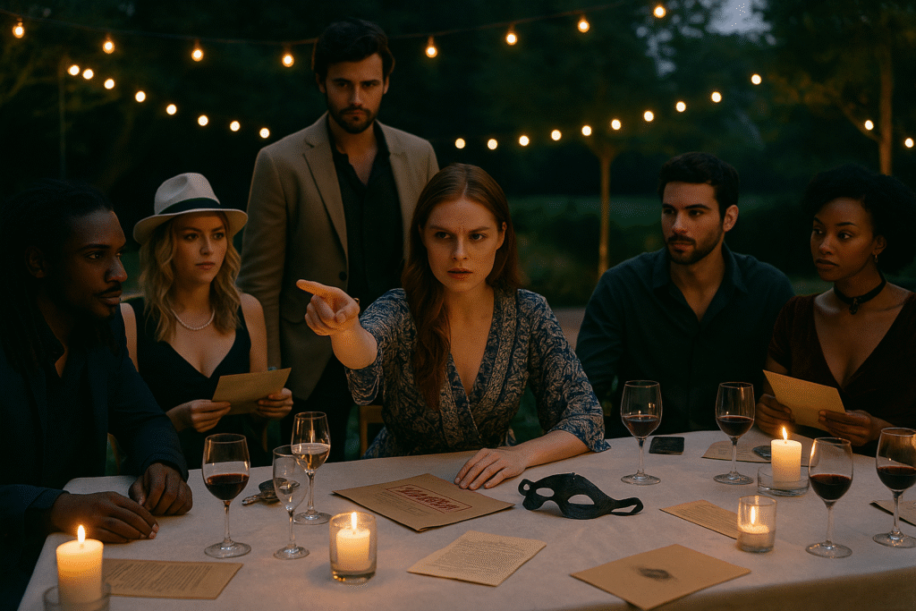 Zes jonge mensen zitten buiten aan een sfeervol verlichte tafel tijdens schemering. Kaarsen en slingers met lichtjes zorgen voor warme gloed. De vrouw in het midden wijst beschuldigend naar iemand buiten beeld, terwijl de anderen gespannen toekijken. Op tafel liggen wijnglazen, dossiers, brieven en een zwart masker. De scène straalt mysterie en spanning uit, tijdens een Moordweekend.