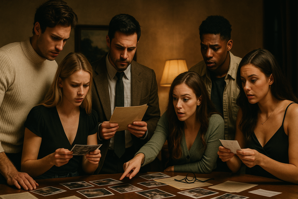 Zes jonge mensen staan rond een tafel vol foto’s en documenten. Hun gezichten tonen concentratie en spanning terwijl ze aanwijzingen onderzoeken. Eén vrouw wijst naar een foto, anderen houden papieren vast. De warme binnenverlichting versterkt de mysterieuze sfeer van een onderzoeksscène, passend bij een moorddiner of Moordweekend.