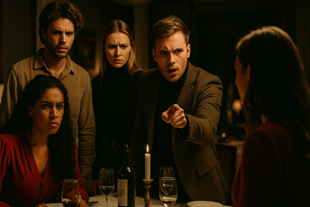 Vijf jonge mensen zitten aan een gedekte tafel met kaarslicht en glazen wijn. De man in het midden wijst fel en beschuldigend naar iemand buiten beeld, terwijl de anderen gespannen en verontwaardigd kijken. De warme belichting benadrukt de intensiteit van de confrontatie, passend bij een scène uit een moorddiner of spannend mysterie