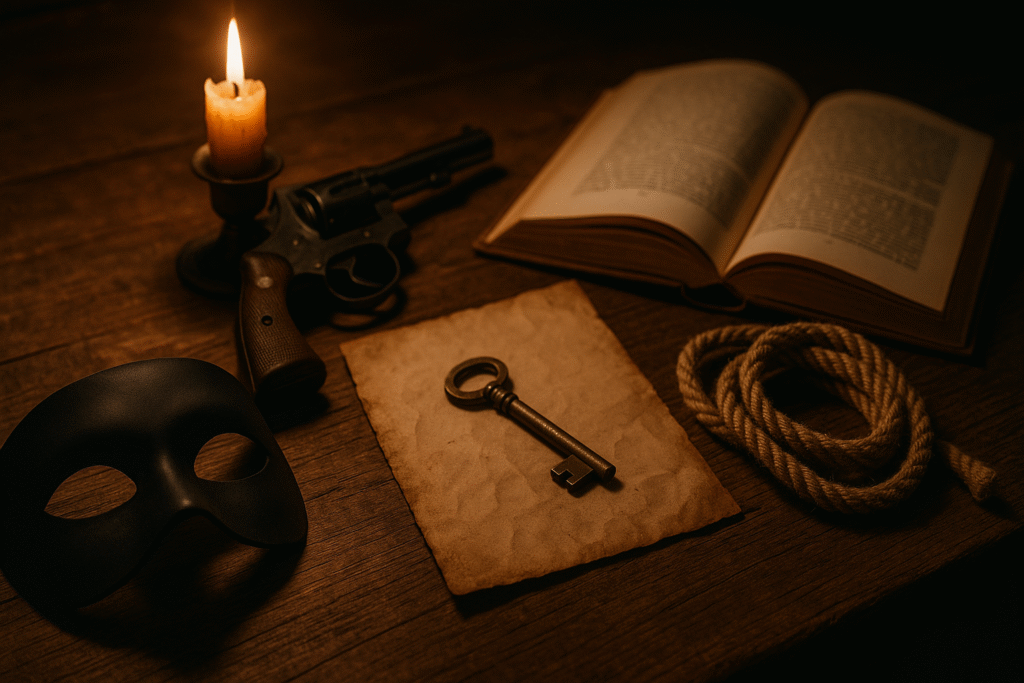 Houten tafel met moordspel-attributen: een zwart masker, oud vel papier met sleutel, touw, open boek en een revolver. De scène is sfeervol verlicht door een kaars links in beeld, in warm amberkleurig licht, met filmische en realistische belichting — perfect voor onze verhalen van ons moorddiner- of moordweekend-sfeer.