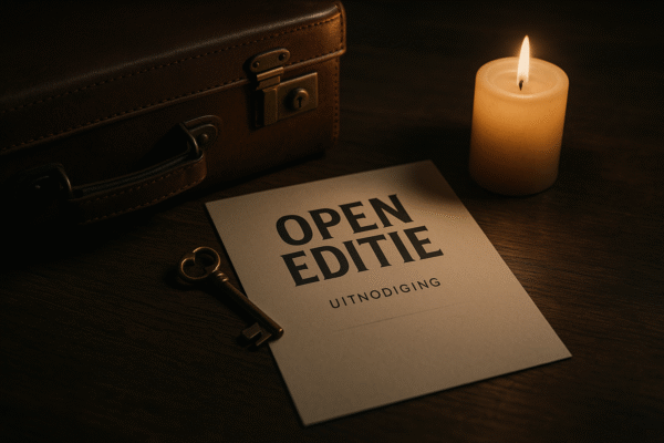 Uitnodigingskaart met de tekst “Open Editie” op een houten tafel, naast een oude sleutel, leren koffer en brandende kaars – sfeerbeeld voor een mysterieus moordweekend.