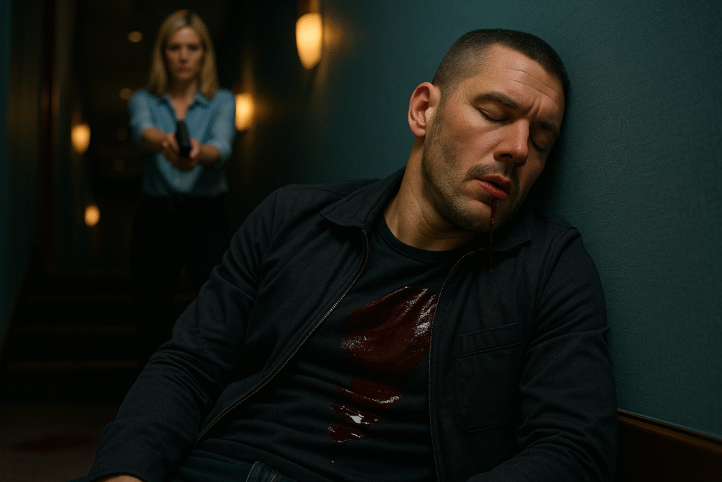 Vrouw richt een pistool in een donkere trapgang terwijl een man met gesloten ogen en bloedvlek op zijn shirt tegen de muur zit – filmische scène vol spanning uit een Vrouw richt een pistool in een donkere trapgang terwijl een man met gesloten ogen en bloedvlek op zijn shirt tegen de muur zit – filmische scène vol spanning uit een Moordspel.